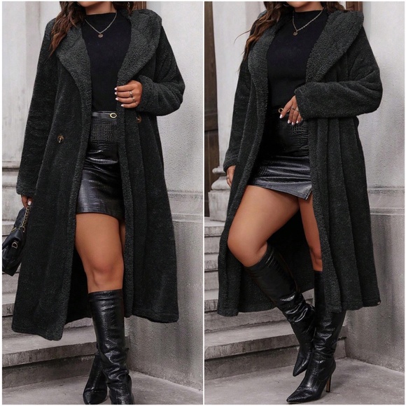 Plus Sherpa Teddy Button Hoodie Long Jacket Coat - Picture 4 of 5